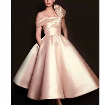 

Off shoulder Ball gown Short evening dress Tea length Satin Pink Arabic evening gown Formal dress party Vestidos вкусняшки
