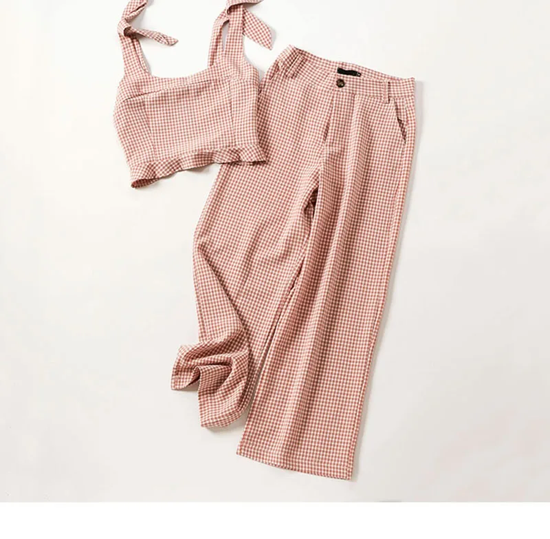 Spring Pink Plaid Cropped Tops And Wide Leg Pants Women New Sale Fashion Ankle Length Pant Two Pieces Sets For Woman 2 Piece Set |