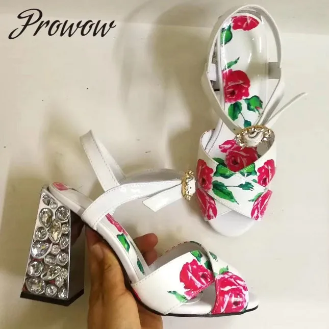 

Prowow New Spring Summer Ross Printed Ankle Strap Elegant Sandals Open Toe Crystal HIgh Heel Sandals Shoes Women