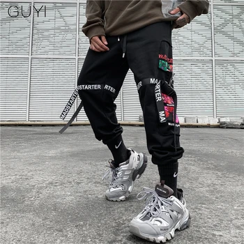 

Ribbon Beam Joggers Letter Casual Hip Hop Cargo Pants Men Retro Drawstring Pocket Male Fashion Trousers Sweatpants Streetwear