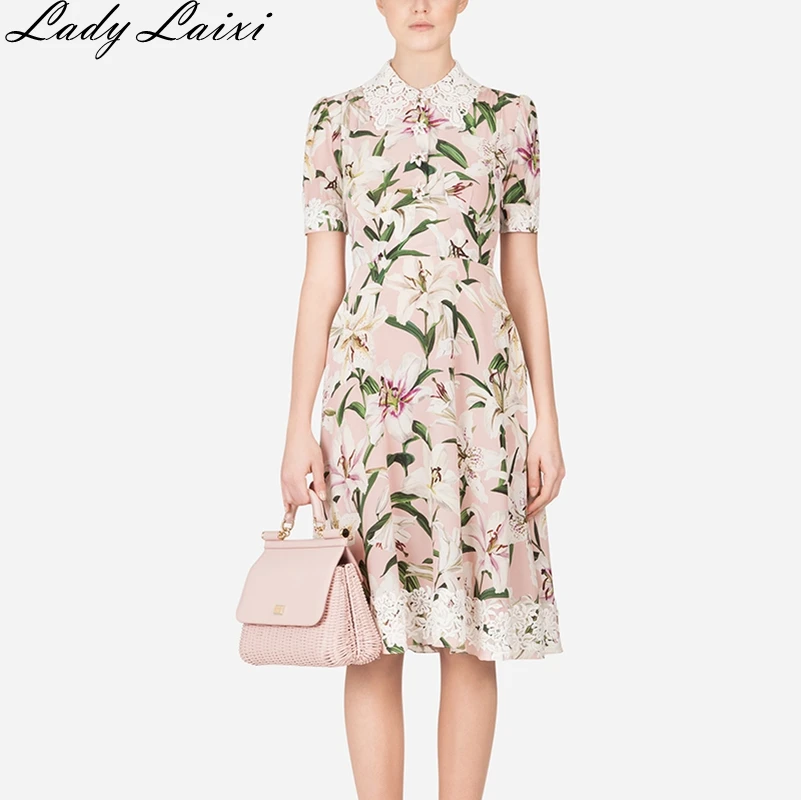 Summer Runway desigher dress High Quality Women Sweet Peter Pan Collar Elegant Chic Lace splice Floral Print Dresses