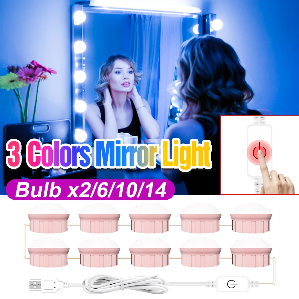 

USB Chambre Miroir Light LED Makeup Cabinet Beauty Lamp 2 6 10 14Bulb 3 Color Cosmetic Lights LED Dressing Table Vanity Bombilla