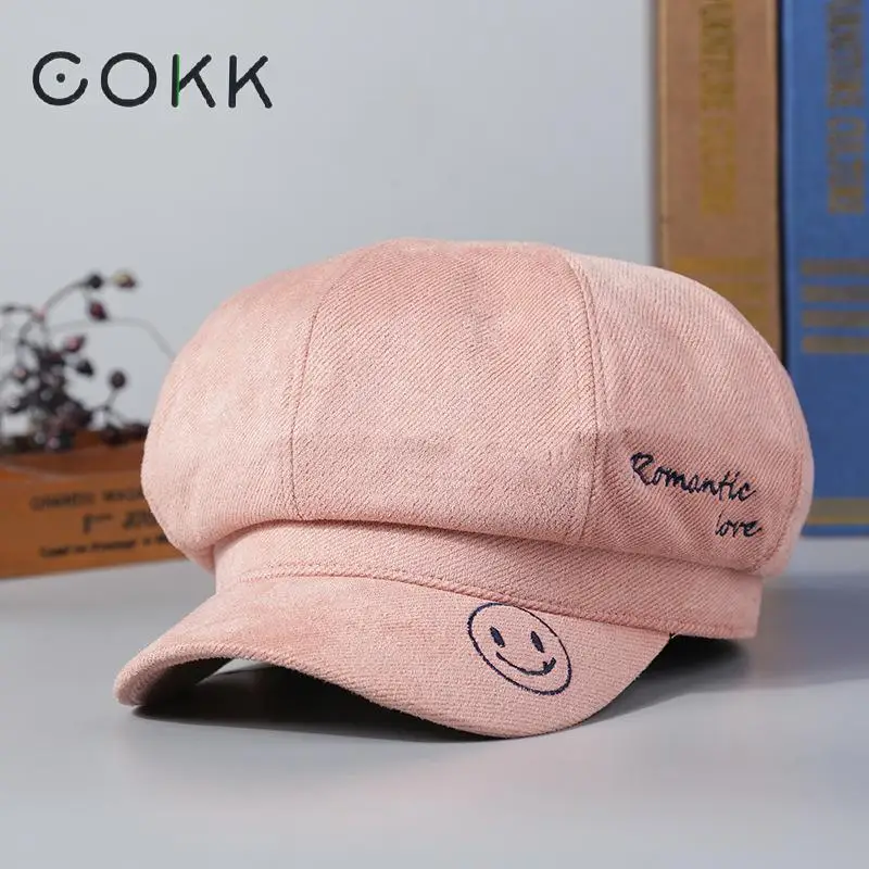 COKK новая осенне-зимняя хлопковая восьмиугольная шапка женская кепка Newsboy с вышитым улыбающимся лицом Вельветовая Кепка для художника Повседневная винтажная