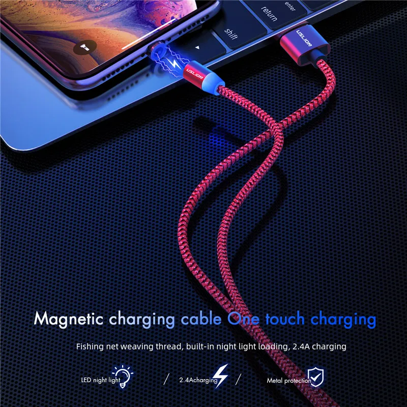 USLION 3M 마그네틱 마이크로 USB 케이블, 삼성 안드로이드 휴대 전화 Type-c iPhone 14 13 12 자석 충전기 와이어 코드 충전
