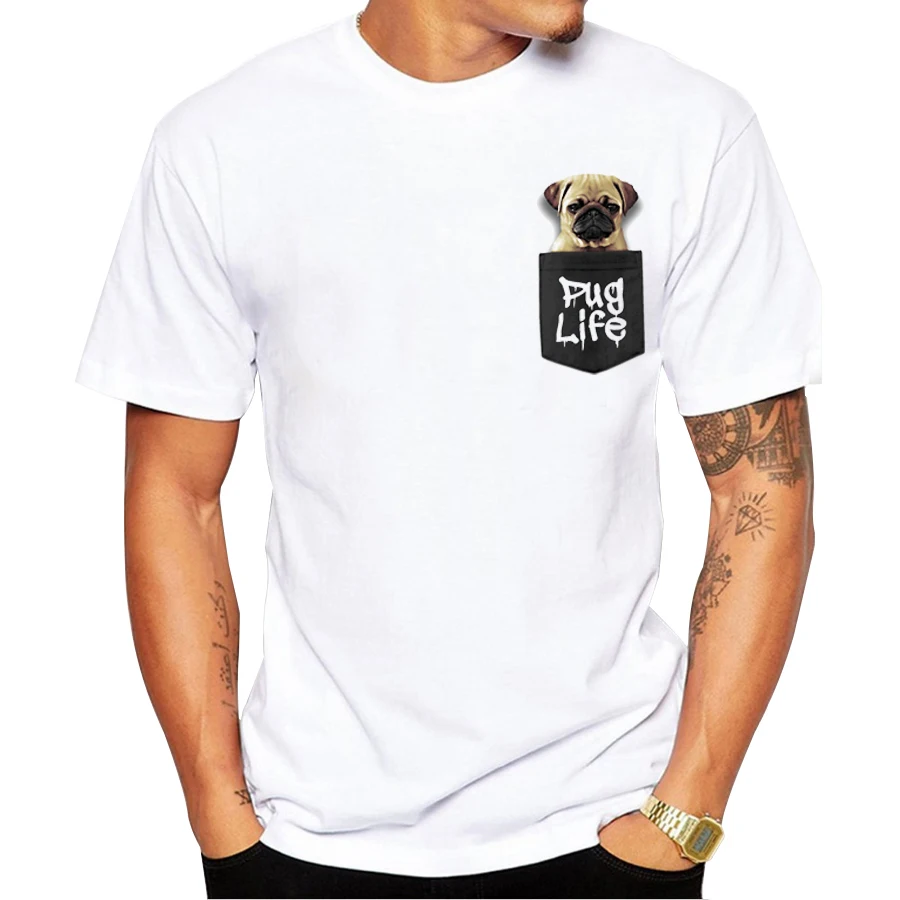 

2020 Custom Men T-shirt Short Sleeve Fashion Pug Life Pocket Design t shirts Pug printed Tee Shrits Hipster Basic Tops