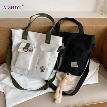

Women Large Capacity Handbags Canvas Bear Brooch Female Shoulder Messenger Bags Youth Ladies Simple Versatile Bag