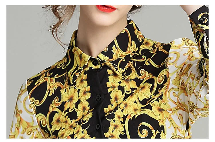 Женская осенне-зимняя винтажная блуза с длинными рукавами, с золотым отложным воротником, дизайн, подиумная рубашка, офисный женский темперамент, элегантный топ