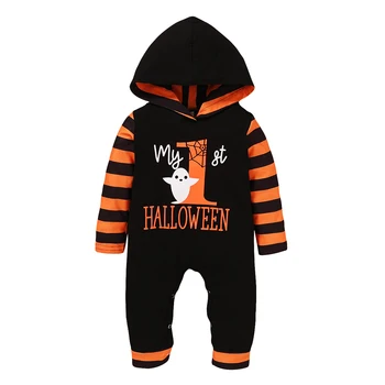 

2020 Halloween Pumpkin Romper Toddler Baby Unique Letter Stripe Jumpsuit Boy’s Hooded Long Pants Clothes 0-18M