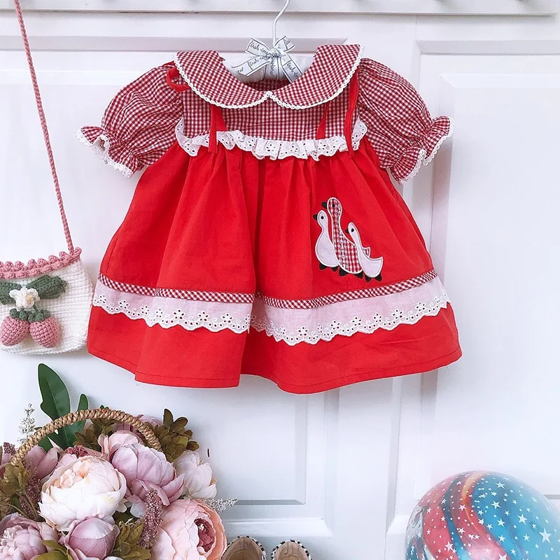 2PCS Baby GIrl Summer Short Sleeves Red Plaid Duck Embroidery Dress with Pants Turkey England Vintage Princess Style | Детская одежда и