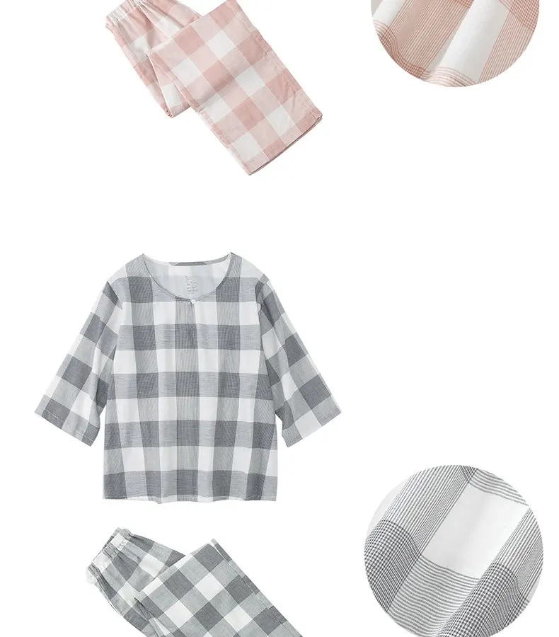 Casual Halbe Hülse Plaid frauen Pyjamas Set Neun Ponit Hose Nachtwäsche Hause Anzug Neue Lose Baumwolle Nachtwäsche Pijama Mujer – Detail 3
