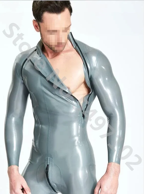 Cosplay Costume Handmade Latex Catsuit Double-Diagonal Design Tight Jumpsuit Rubber Catsuit Clothing with Crotch Zip