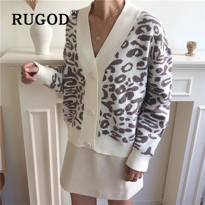 RUGOD, корейский свитер с леопардовым узором, кардиганы, v-образный вырез, однобортный, рукав "летучая мышь", вязаное пальто, модное женское повседневное пальто