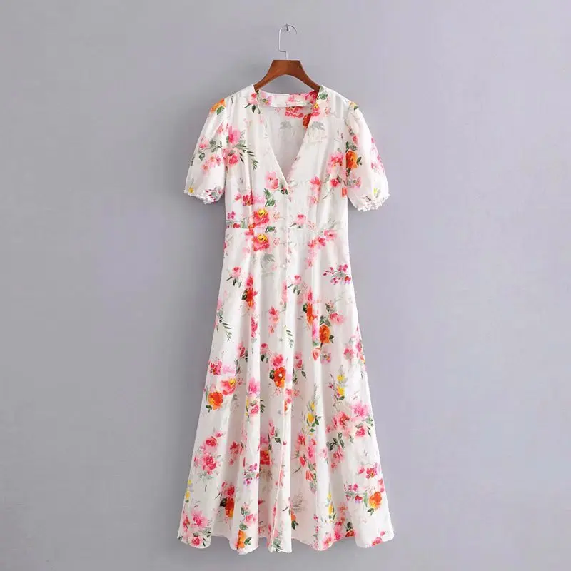 

19 Dress Women's Summer New Style WOMEN'S Dress Puff Sleeve Floral Printed Vacation Style High-waisted Button Long