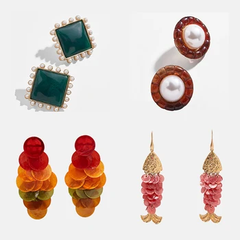 

ZA Geometric Drop Earrings Fish Scale Round Square Earrings Big Pearl Dangle Earring 2020 New Trendy Natural Stone Ear Jewelry