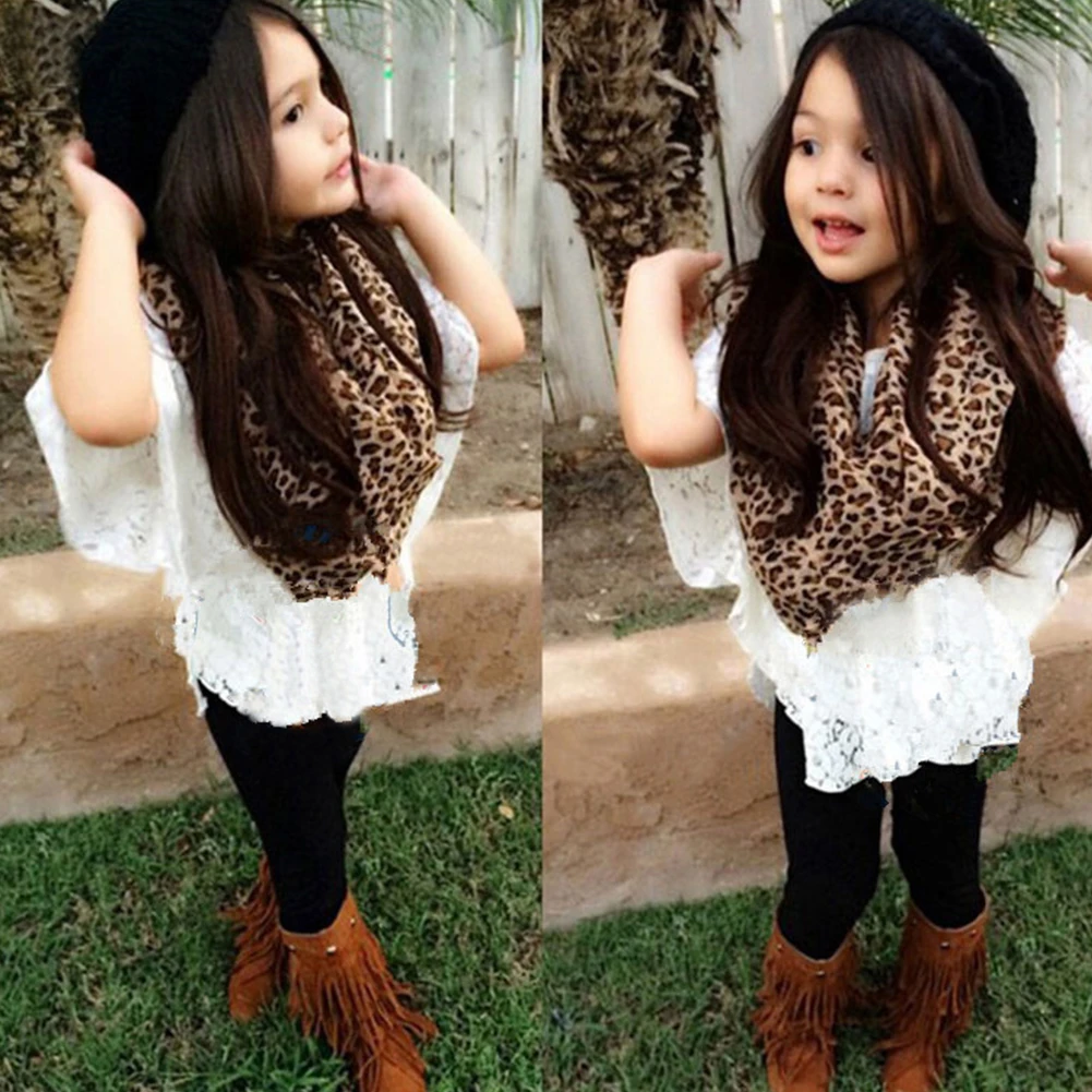 

Hot Sale kids girl clothes set vest+lace bat shirt+leggings+leopard scarf clothes outfits set toddler girl clothing
