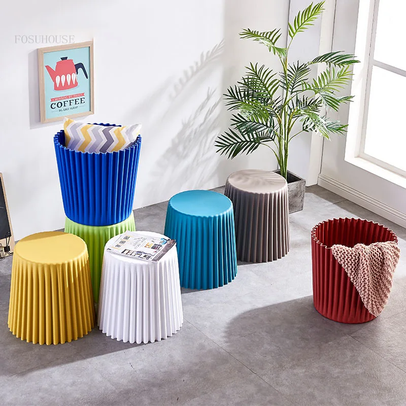 Modern Minimalist Plastic Stool Living Room Bedroom Furniture Low Stool Round Bucket Stackable Colorful Multi-functional
