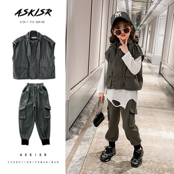 

Spring autumn new sleeveless coats + trousers 2 pcs sets teenage letter print suits girls fashion sets 4-16Y girls Tooling style