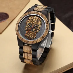 Reloj de madera con cabeza de calavera para hombre, cronógrafo con grabado de esqueleto, esfera de madera Punk Rock de México, masculino