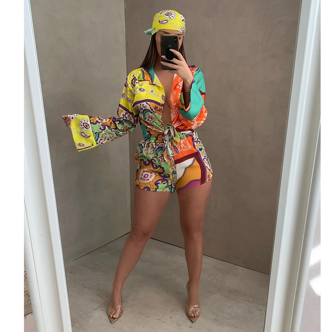 3 Pieces Set Sexy 2021 Summer Autumn Fashion Women Set Female Tops Floral Print Long Sleeve Shirt And Elastic Waist Shorts Scarf tracksuit for women Women's Sets