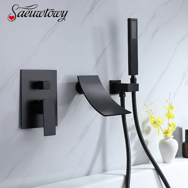 Matte สีดำอ่างอาบน้ำก๊อกน้ำ Tap พร้อม Sprayer ฝักบัวน้ำตก/หมุนอ่างห้องน้ำ Hot & Cold น้ำผสม 1