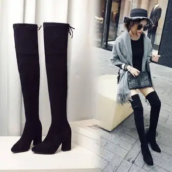 

New style over knee boots women's thick heel over knee boots high heel boots flat bottom elastic boots soft fur