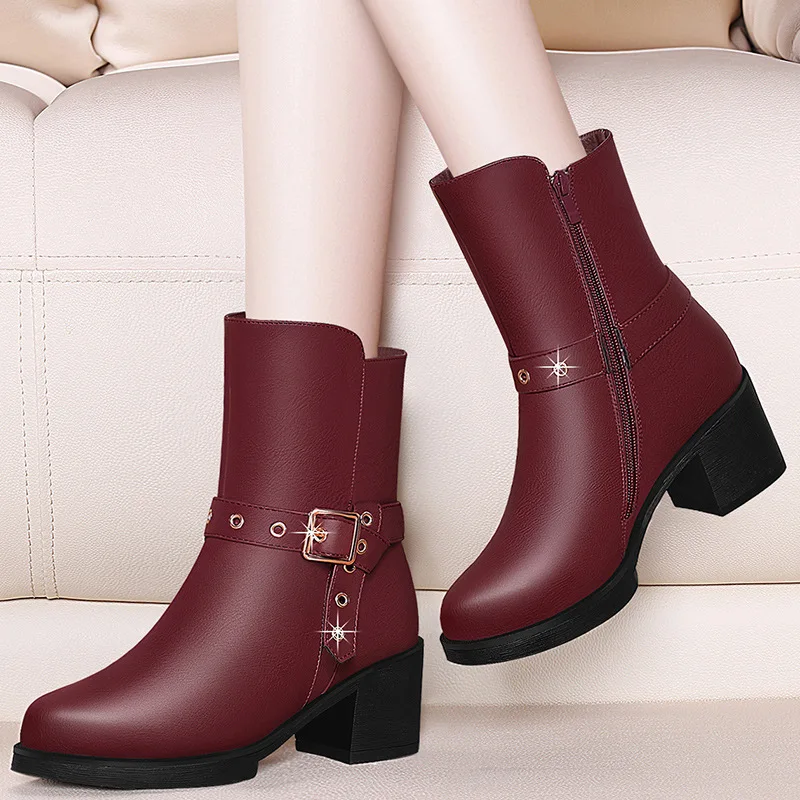 

Yasilaiya round-Toe Chunky Heel Boots Side Zipper Metallic Decoration WOMEN'S Boots Waterproof Platform WOMEN'S Boots 3324