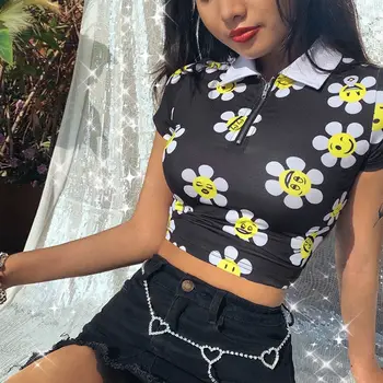 

NiceMix Women's Flower printing Crop Top T Shirt Women New Casual Tee Tops Summer Fashion Female T-Shirt Cute Cropped Top