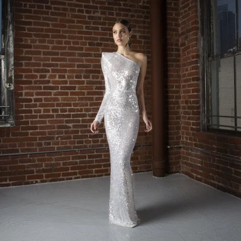 

2019 Latest Fashion Hot Selling Elegant One Shoulder Sequin Long Dress Cocktail Women Outfits Celebrity Party Vestidos Wholesale