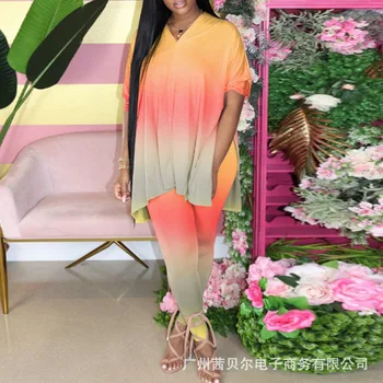 

WEPBEL Summer Autumn Clothing Suit Women Clothes Set New Orange Gradient Top + Trousers Loose Fashion Casual