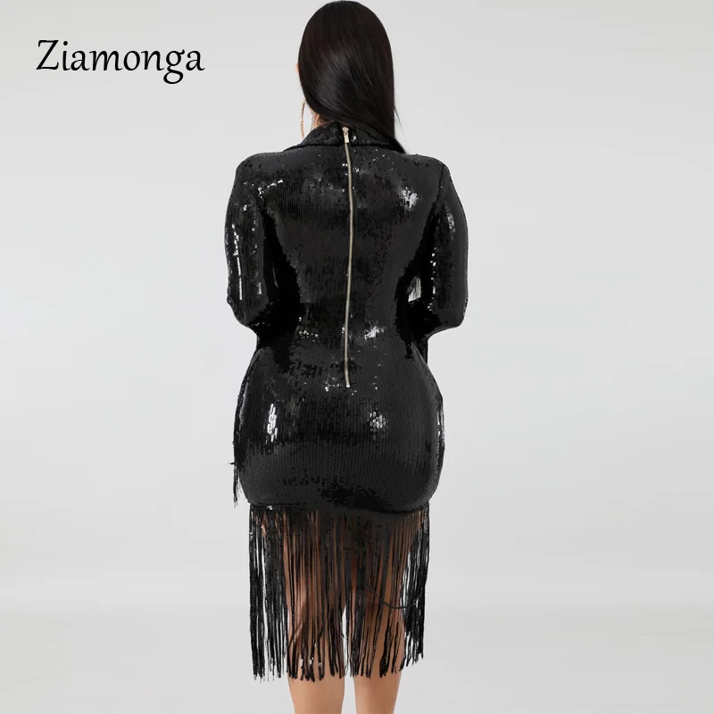 Ziamonga, золотые Блестящие Блестки, кисточки, сексуальные платья для вечеринок, женское Бандажное платье с длинным рукавом, элегантное Клубное платье, Прямая поставка