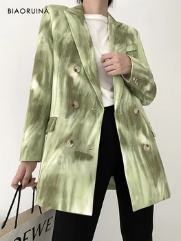 

BIAORUINA Women's Green Printed Double Breasted Casual Loose Blazer Notched Collar All-match Fashion Outerwear Clothing