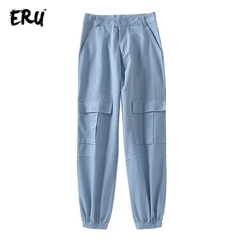 

ERU high waist pockets cargo pants women winter 2019 zipper streetwear casual blue loose trousers ankle length pants mujer
