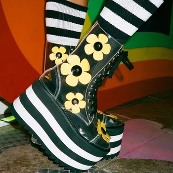 

US4-13 Womens Platform Sunflowers Decor Wedge Super High 11CM Heel Clear Transparent Ankle Boots Lace Up Shoes Cosplay New C351
