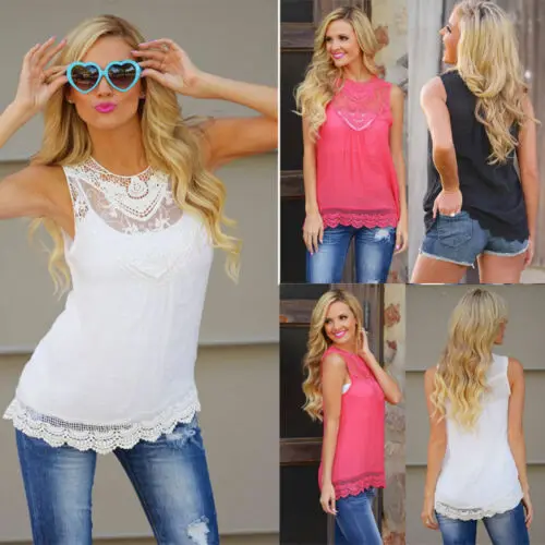 

Fashion Women Ladies Stylish Solid Color Sexy Summer Casual Sleeveless Lace Stitching Blouse Tops Loose Vest Tank Shirt Camisole