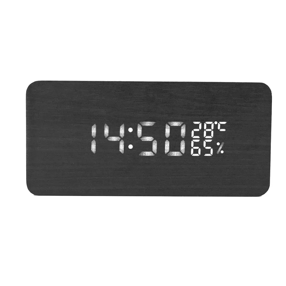 Black Деревянный бамбуковый светодиодный температурный Будильник Reloj Голосовое управление цифровой календарь - Цвет: Black