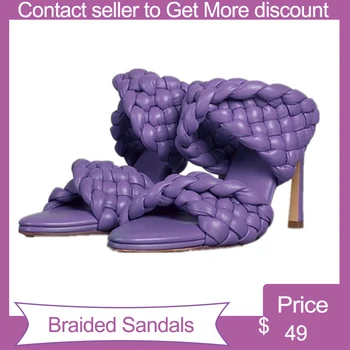 

Leather Braided High Heel Sandals Women2020 New Designer Brand Party Shoes Woman Cross Wove Folds Mules Sexy Thin Heel Slippers
