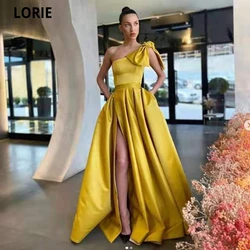 LORIE Gold Satin A-line Evening Dresses 2021 Long High Side Split Prom Dresses One Shoulder Celebrity Party Gowns Abendkleider
