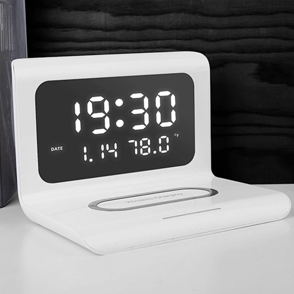 Electric Clock Perpetual Calendar Wireless Charger Desktop LED Digital Alarm Clock with 10W Wireless Mobile Phone Charging Pad