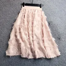 Женские стильные однотонные эластичные длинные гофрированные шифоновые юбки с высокой талией и кисточками