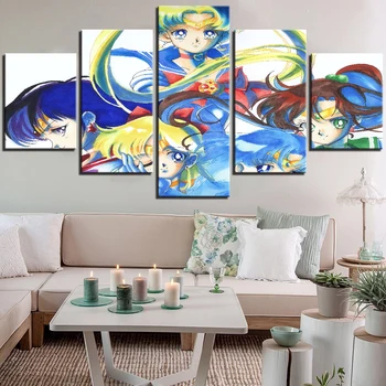 

5 Pieces Sailor Moon Canvas Painting Girls Posters Cartoon Pictures Soldier Wallpapers For Home Room Decor Kids Love Artwork