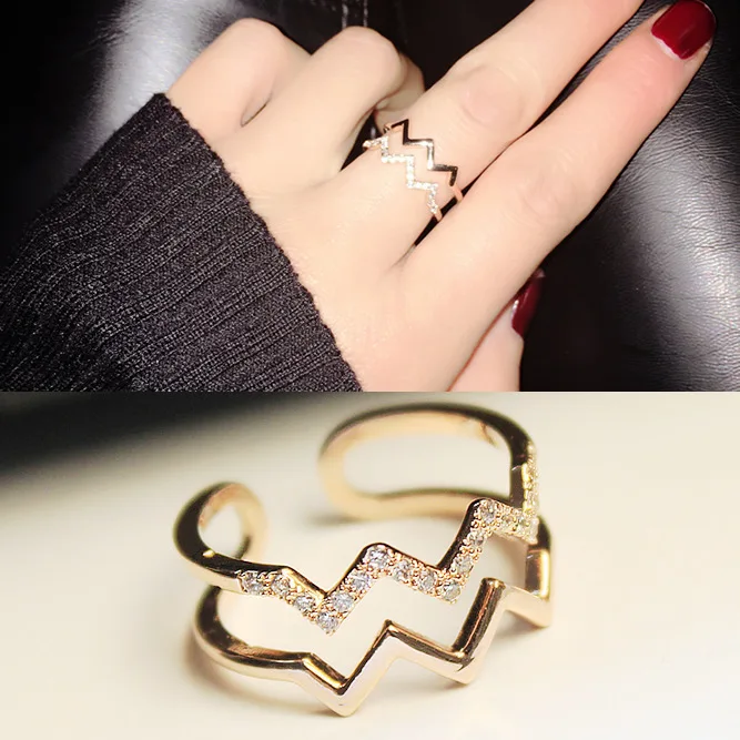 

Gold Elegant Zircon Micro Setting Double Layer Ring Women's Versatile Crystal Korean Jewelry Chaoren Joint Ring Engagement Ring