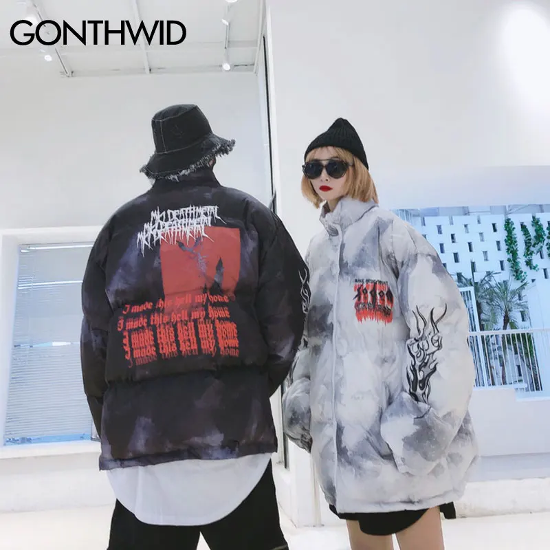 GONTHWID Creative Graffiti Ink Tie Dye Print Parka Jackets Streetwear Hip Hop Hipster Punk Rock Cotton Padded Puffer Parkas Coat