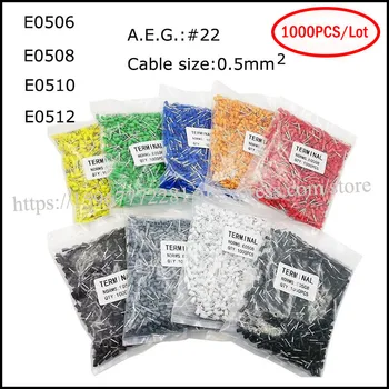 

1000pcs Insulated terminal E0508 E0510 E0506 E0512 insulated cord end terminal AWG #22 cable size 0.5mm2 copper pp.nylon colors