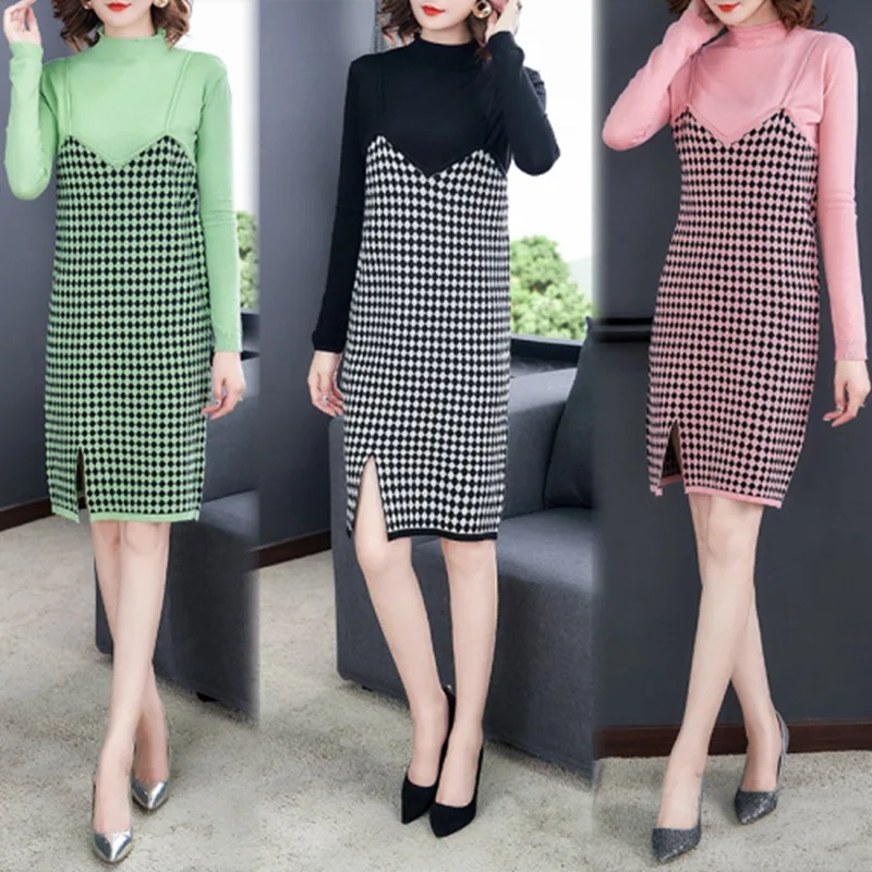 

2019 Autumn And Winter New Style Large Size Dress Slimming High Collar Long Sleeve Plaid Camisole Two-Piece Knitted Sweater Dres