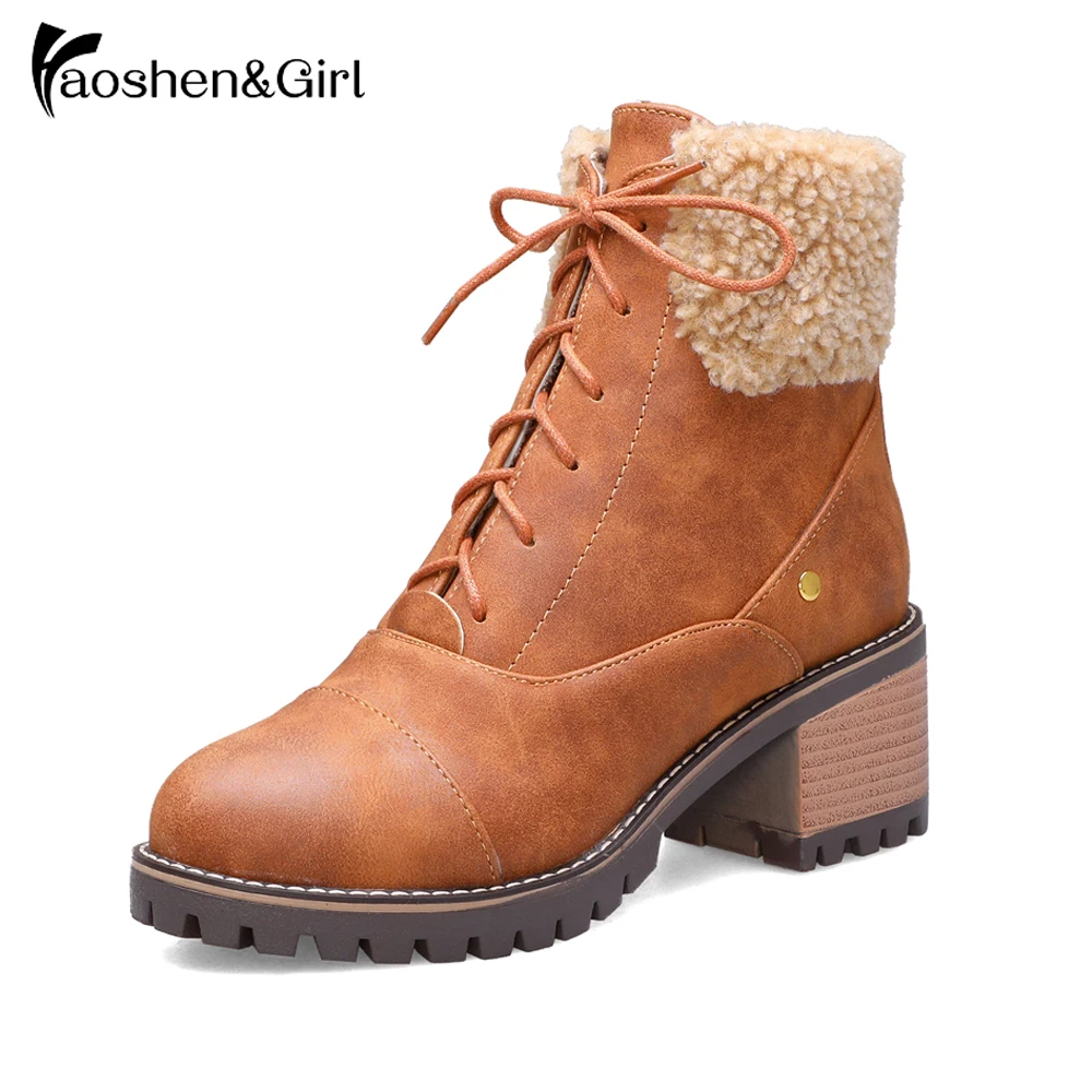 

Haoshen&Girl Winter Ankle Boots Woman Square Heel Shoes Platform Snow Martin Boots Warm Plush Fur Boots Women's Shoes Size34-44