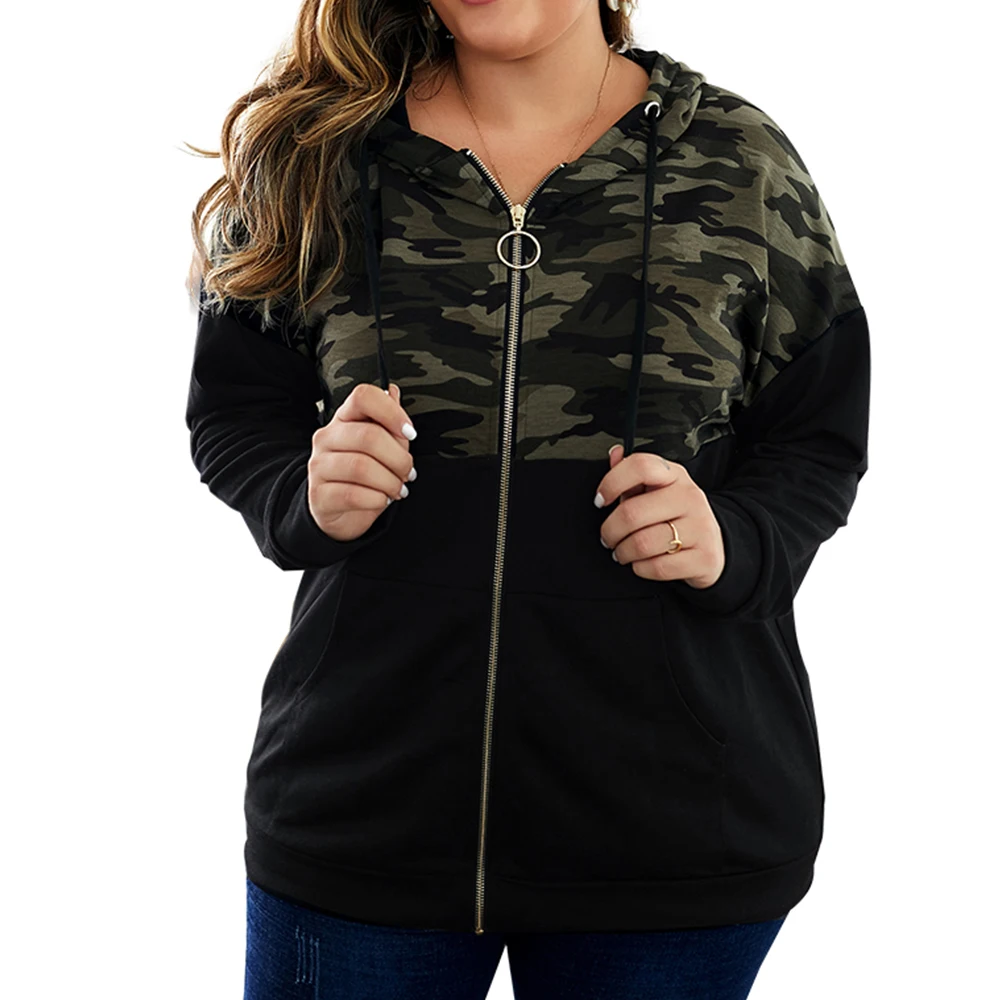 

Plus Size Womens Coat and Jackets Drawstring Camouflage Stitching Ladies Basic Outwear Women Sweatshirt Hooded Overcoat D25