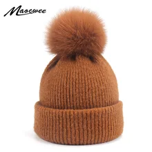 Шапка из натурального меха с помпонами, шапка двойного назначения, шарф, женские шапки бини, зимние Полосатые Шляпы с помпоном из меха енота, женские шапки Skullies