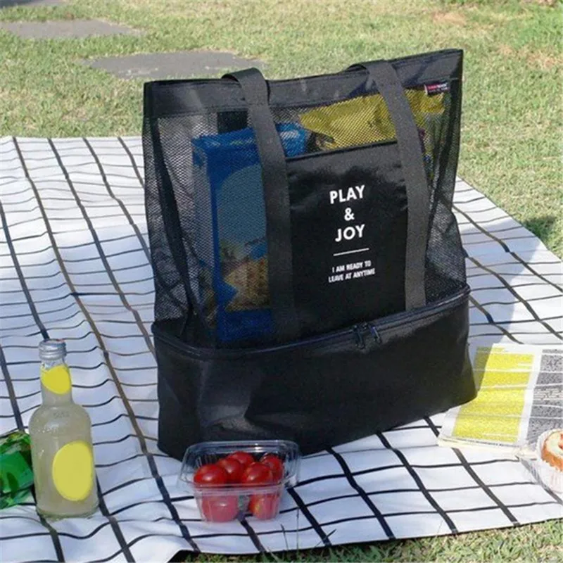 2 In 1 Women Large Mesh Beach Shopping Bag Transparent Double-Layer Insulation Picnic Oxford Cloth Bag Holiday Park Sports Bags