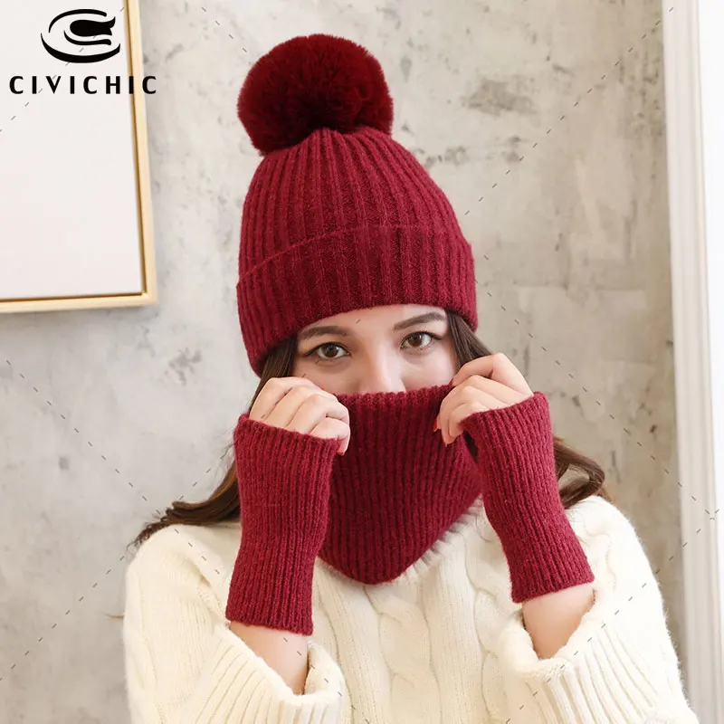 CIVICHIC Для женщин зимний теплый вязаный шарф шапка перчатки 3 предмета; комплект из утепленного помпоном шапочки милые шеи теплые, вязаные крючком Головные уборы шапки SH126