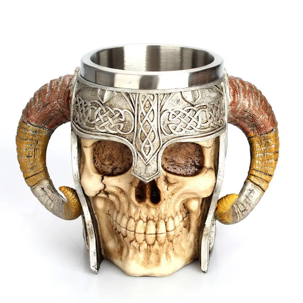 

Coffee Beer Mug Skull Stainless Steel Viking Warrior Horned Skull Travel Cup Tea Drinking Mug Halloween Bar Pub Drinkware Gift